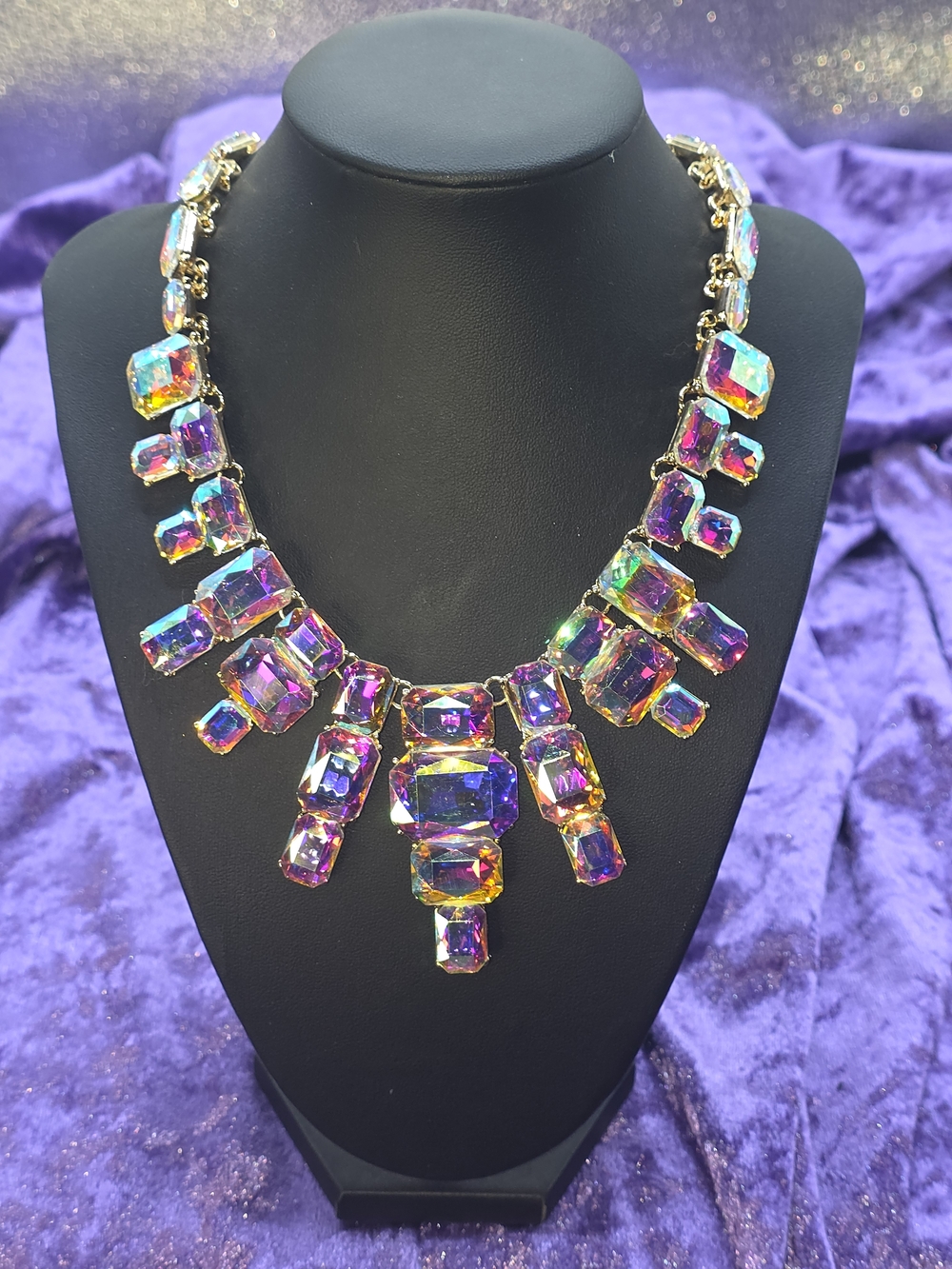 Aurora Borealis Austrian Crystal Bib Necklace - Multicolor Gold-tone
